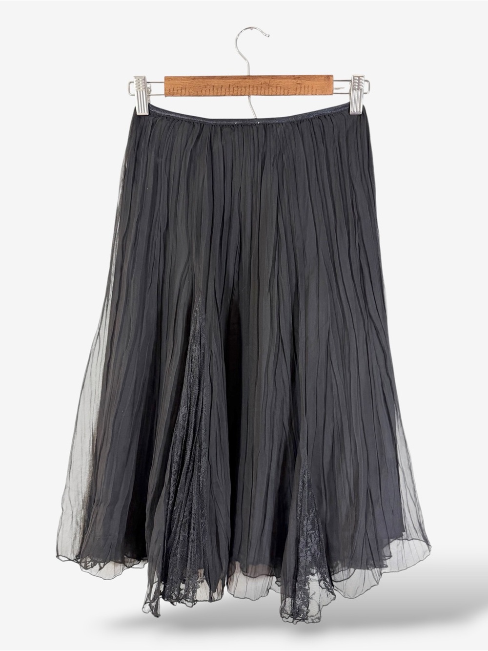 Komarov Black Midi Skirt Size S Pleated Lace Panel Dark Romance Goth Feminine - Picture 5 of 7